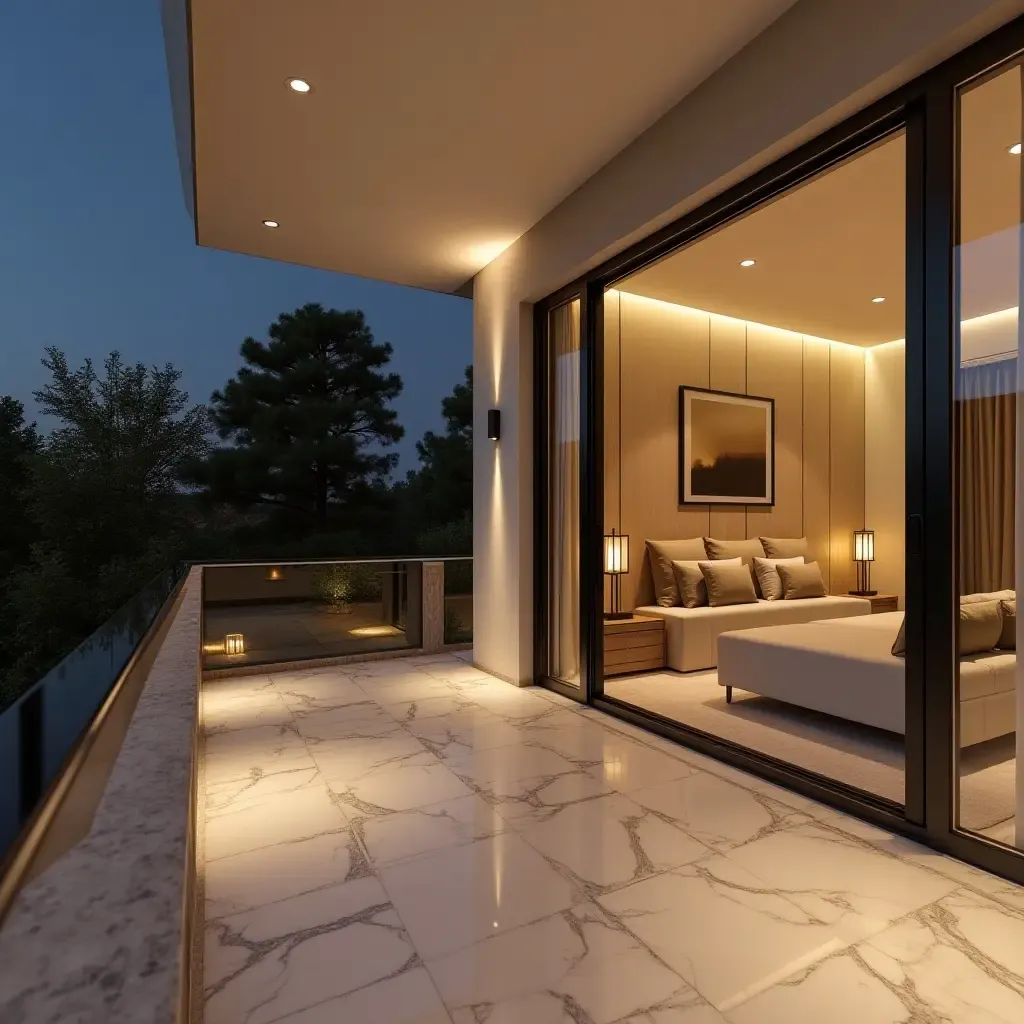 a photo of a cozy balcony with marble accents and soft, ambient lighting