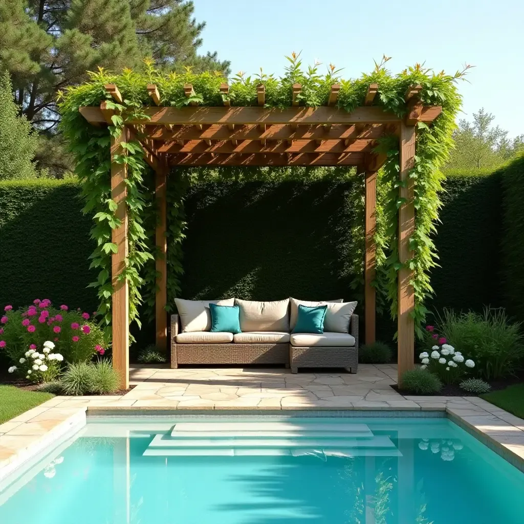 a photo of a wooden pergola with climbing plants over a pool