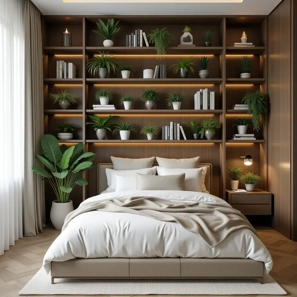 a photo of a bedroom featuring a plant-filled bookcase for a cozy vibe