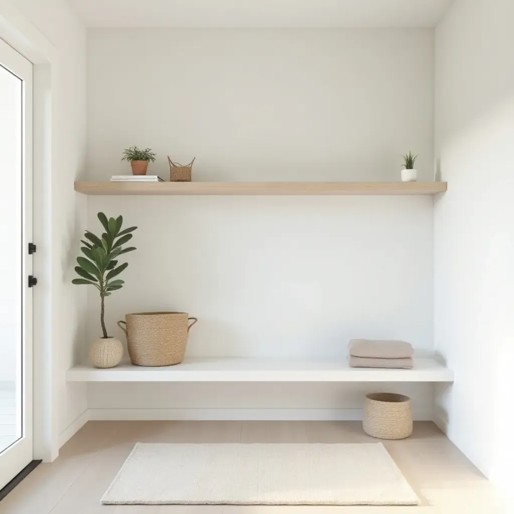 a photo of a minimalist entrance hall featuring floating shelves and baskets