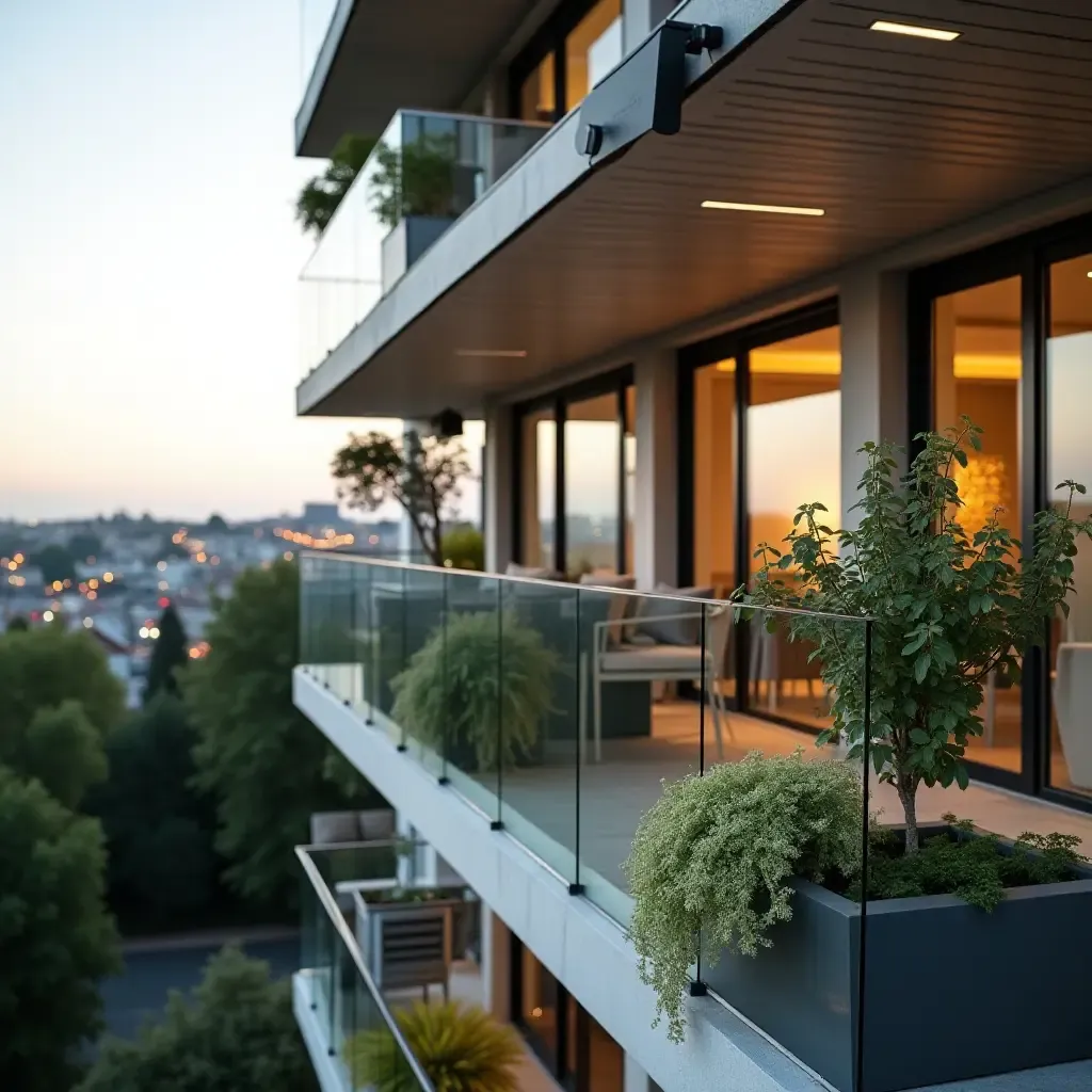 a photo of a balcony with a modern glass railing and potted plants