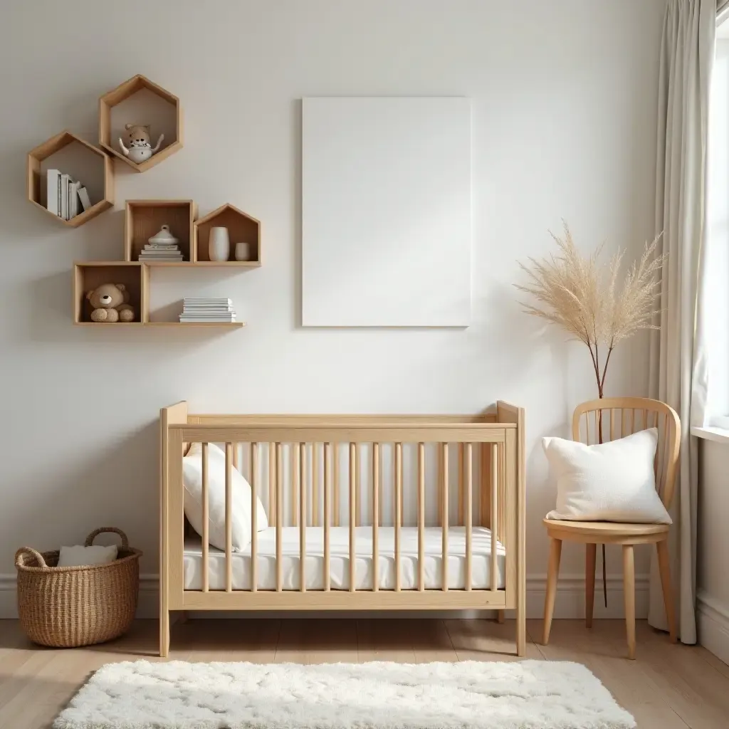 a photo of a nursery with wooden crib and shelves