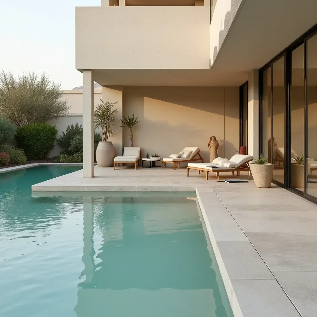 a photo of a serene lounge area by the pool with soft colors and textures