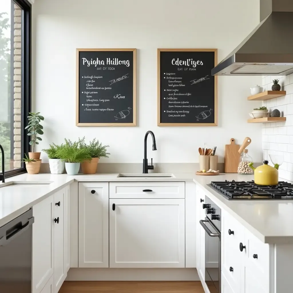 a photo of a bright kitchen with chalkboard recipes framed on the walls