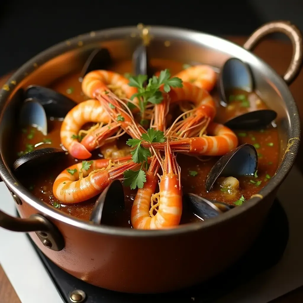 a photo of a Portuguese seafood cataplana, a copper pot filled with clams, mussels, and shrimp.