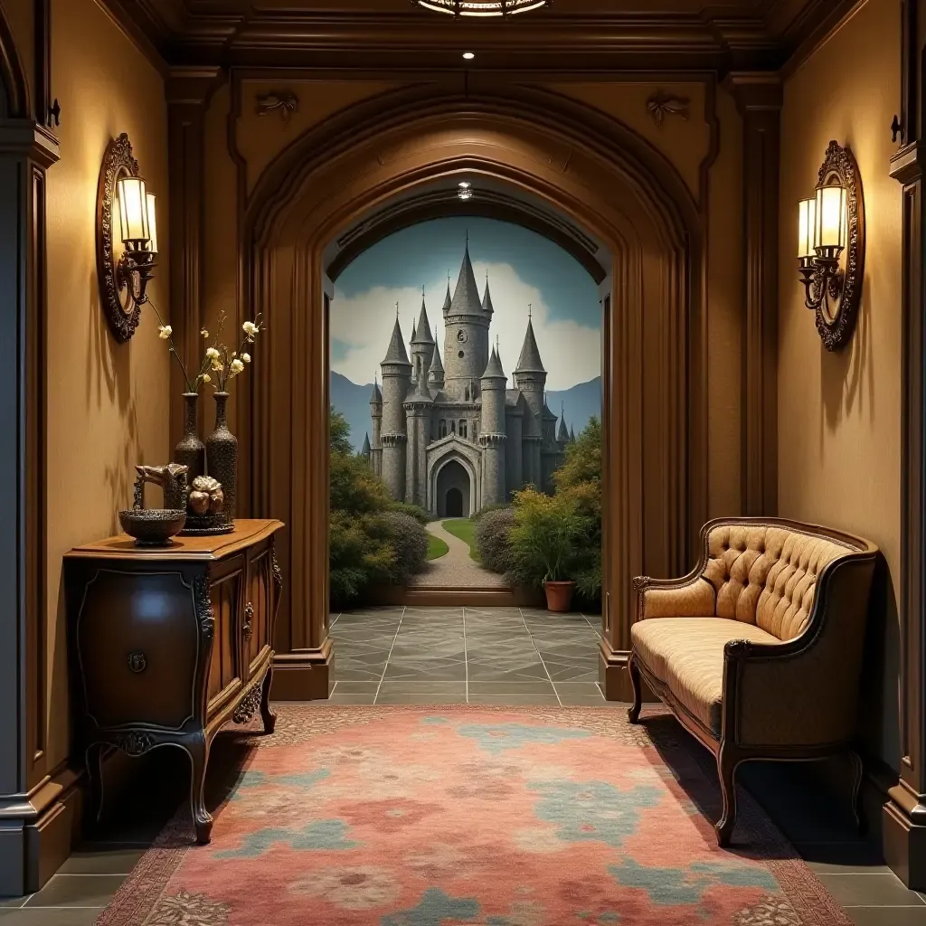 a photo of a fantasy-themed entrance hall with a castle mural and enchanted decor