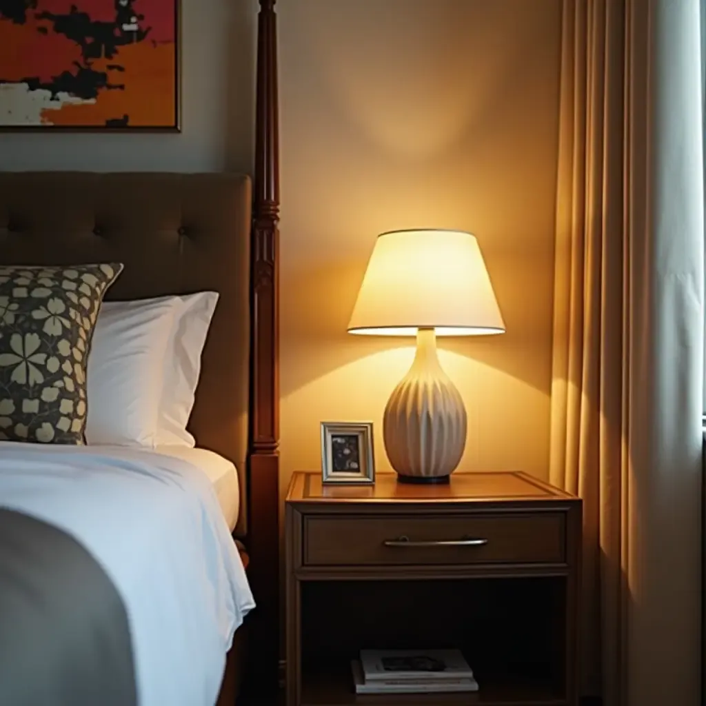 a photo of a nightstand showcasing a unique lamp and artwork