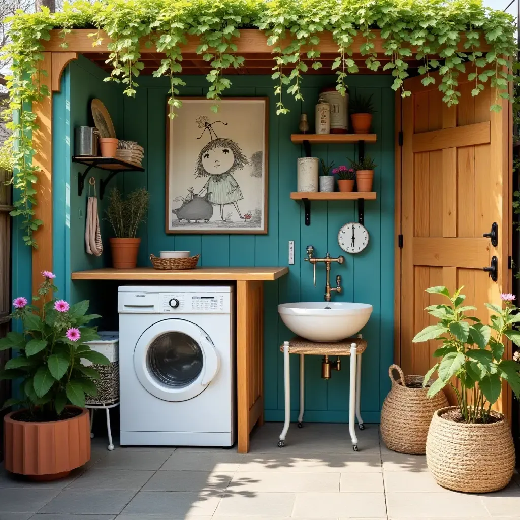 a photo of a colorful outdoor laundry space with whimsical decor and art