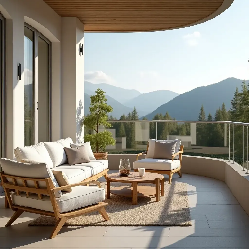 a photo of a serene balcony with Scandinavian-inspired color schemes and comfortable seating areas