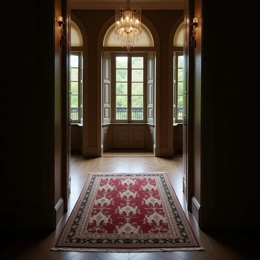 a photo of a sophisticated rug with a damask pattern on a formal balcony