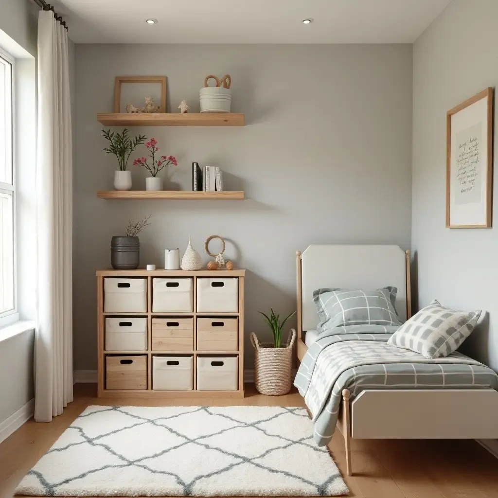 a photo of a neatly organized small kids&#x27; bedroom with bins