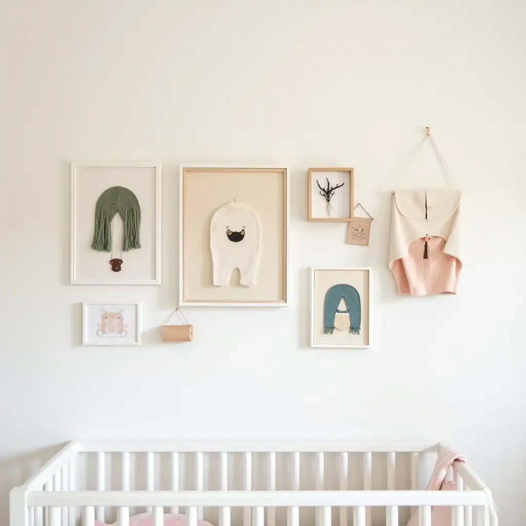 a photo of a nursery gallery wall adorned with handmade crafts