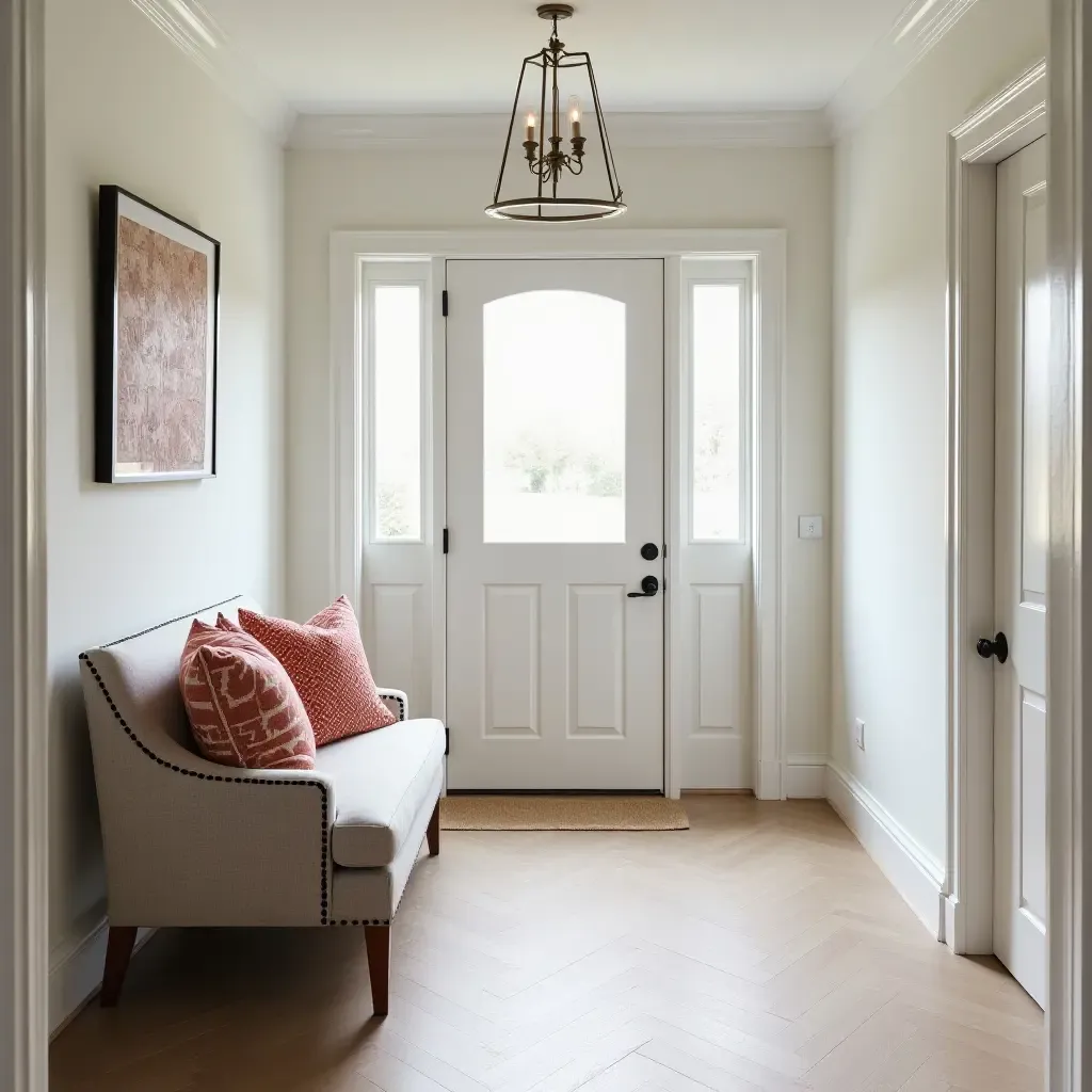 a photo of a cozy entrance hall featuring patterned throw pillows on a chair