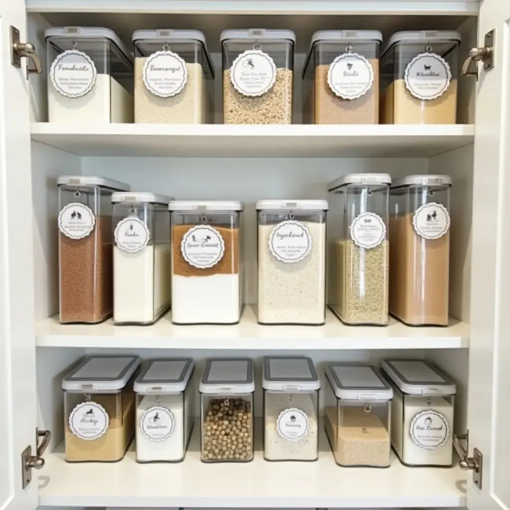 a photo of a pantry organized with clear containers and decorative labels