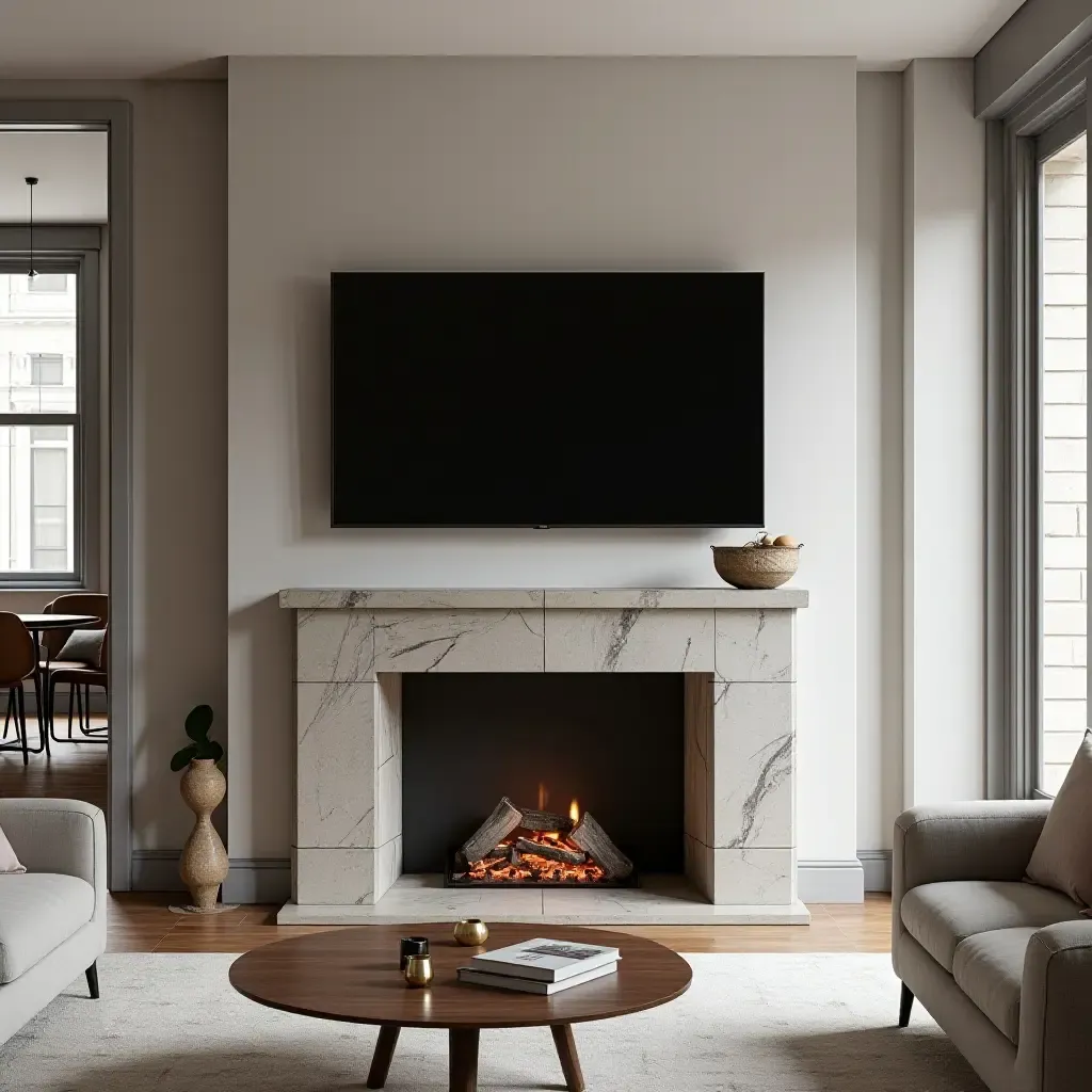 a photo of a chic urban apartment showcasing a TV above a modern, artistic fireplace mantel