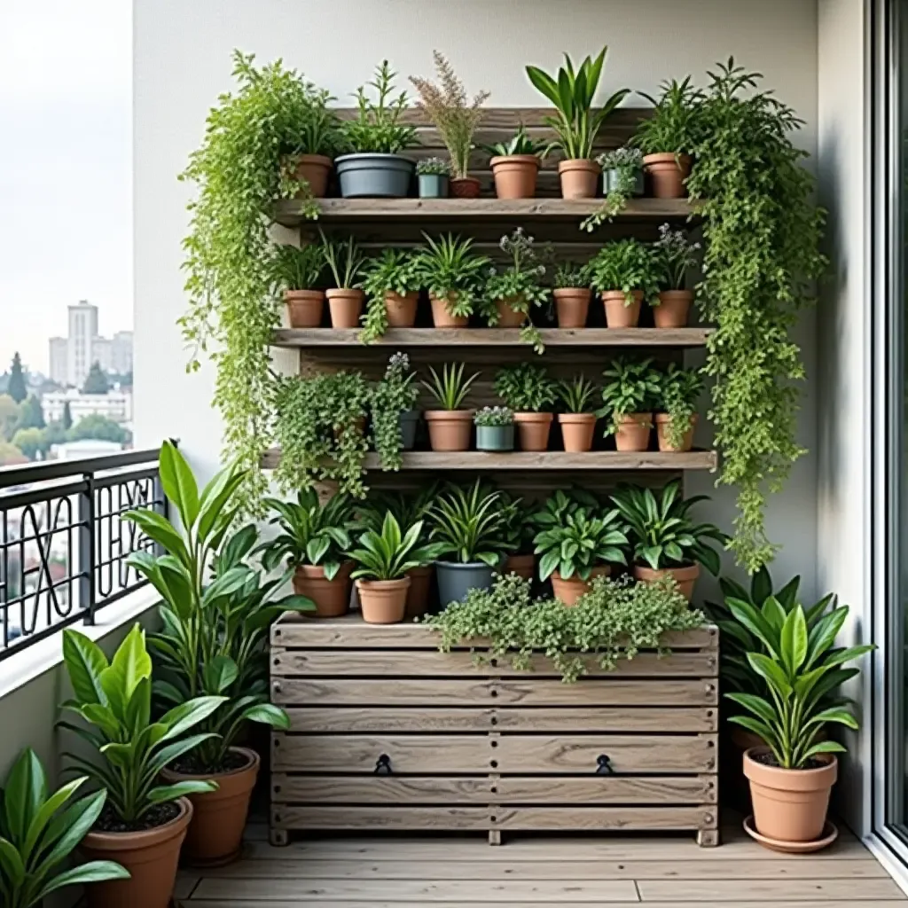 a photo of a balcony with a vertical garden and organized storage options