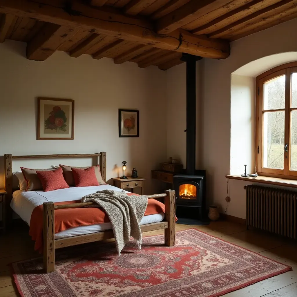 a photo of a rustic farmhouse bedroom with a wood-burning stove and warm colors