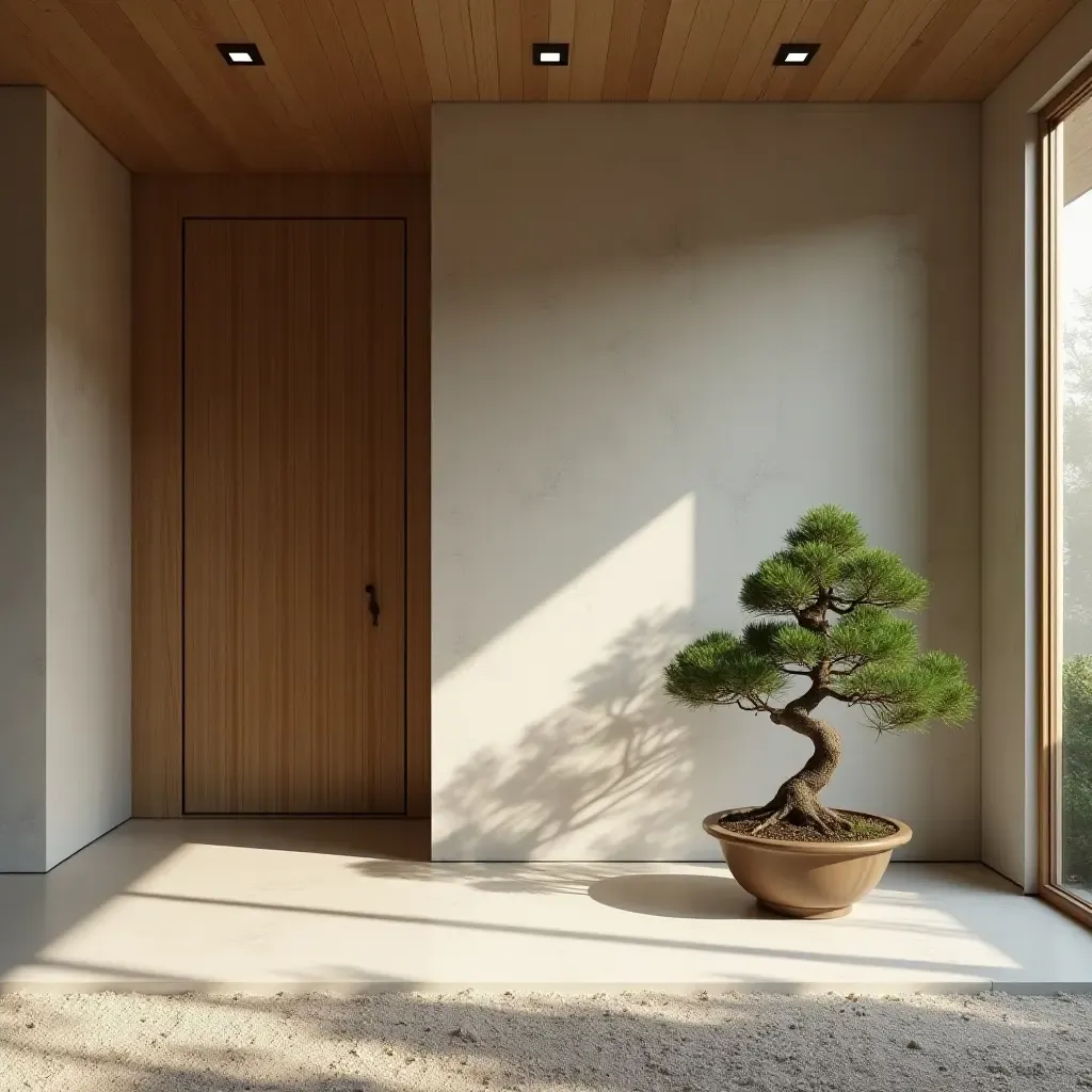 a photo of a minimalist entrance with a single bonsai tree on display