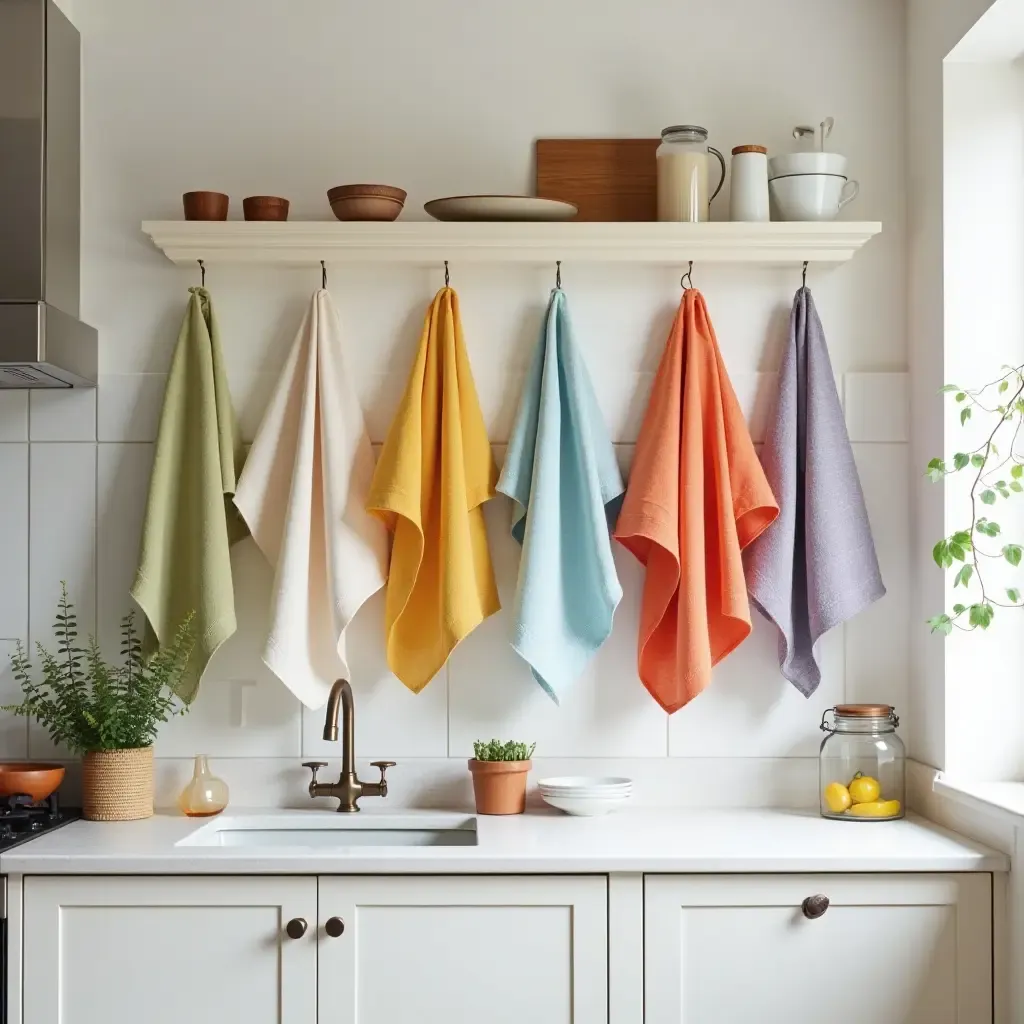 a photo of a kitchen with a collection of colorful dish towels and decor