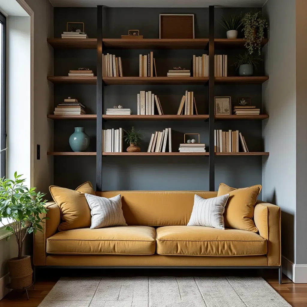 a photo of a cozy reading nook with industrial shelving