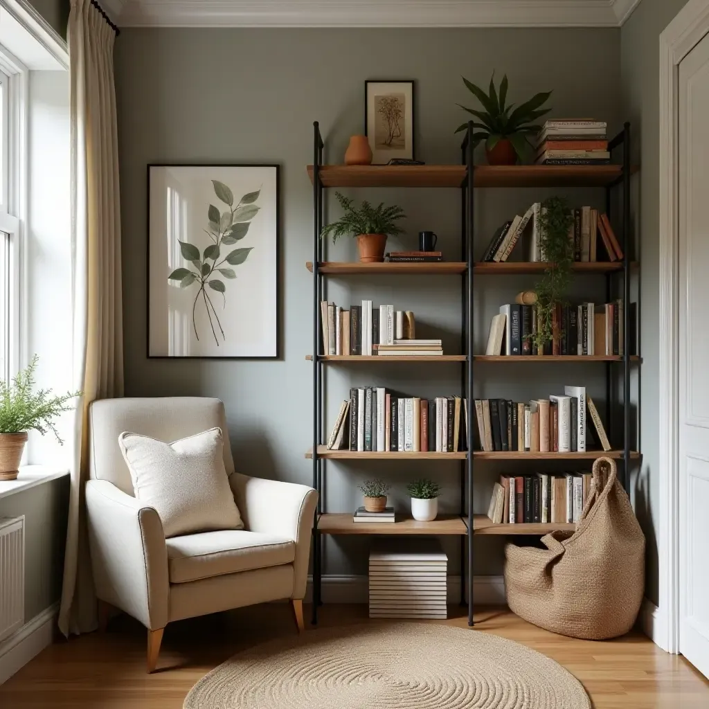 a photo of a reading nook with a vintage ladder bookshelf and a comfy chair