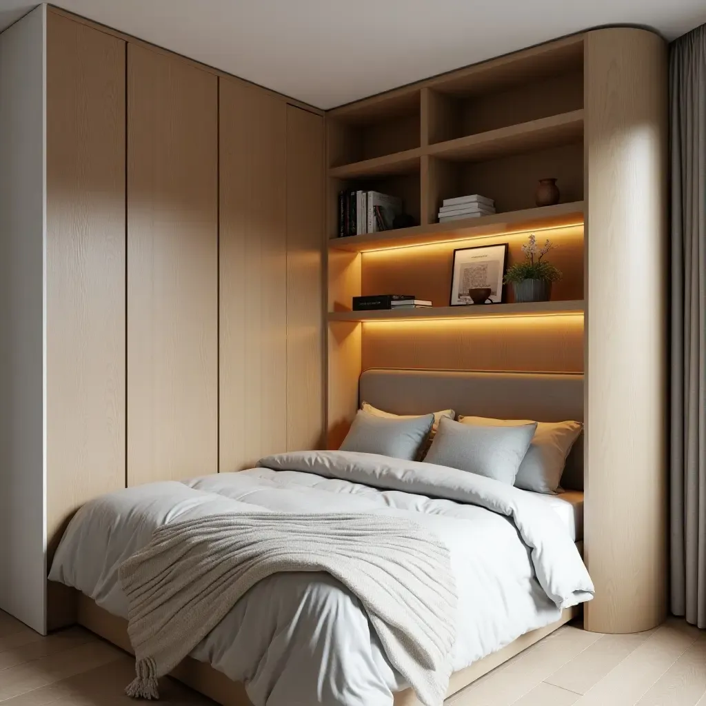 a photo of a compact bedroom with a corner bed and creative shelving solutions