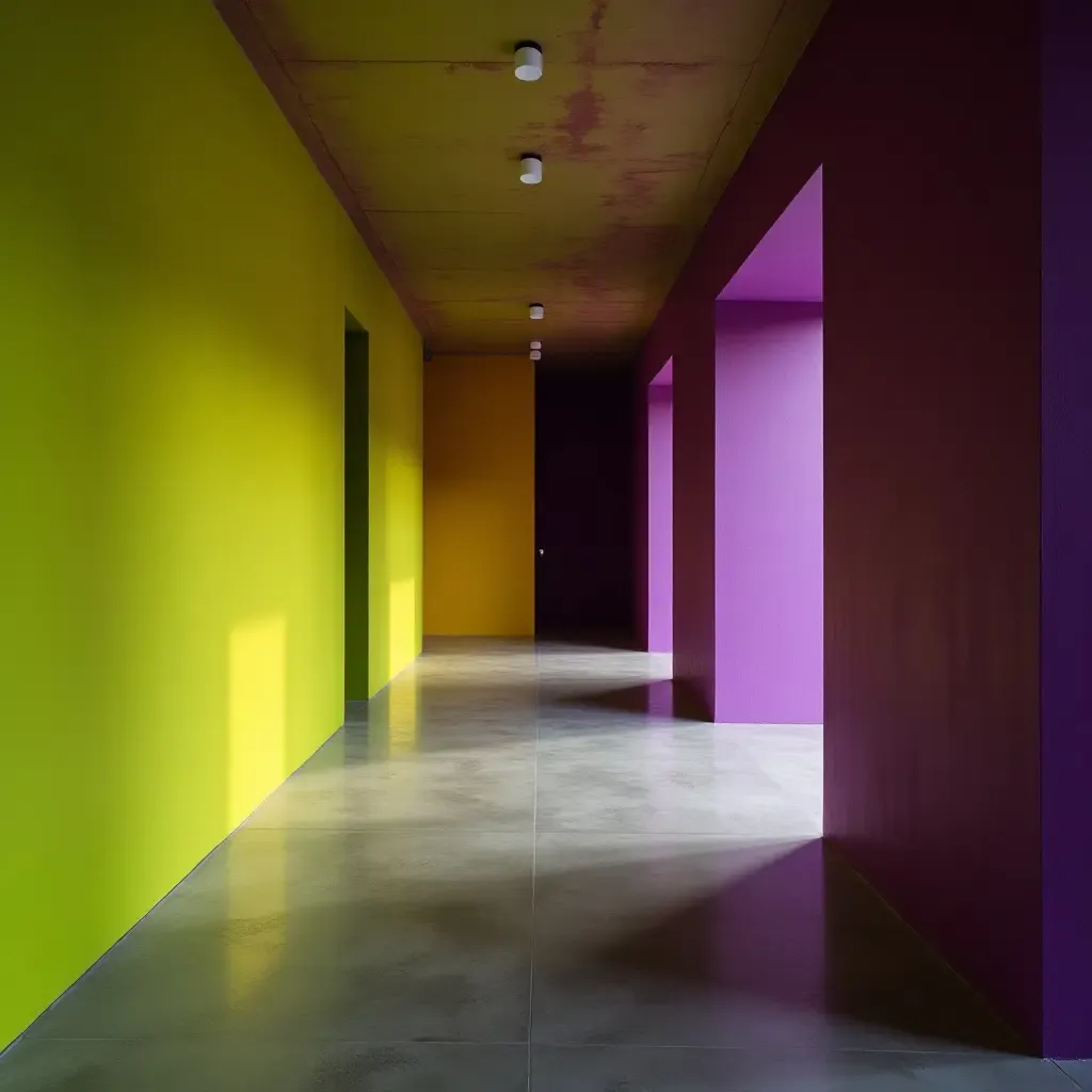 a photo of a lively chartreuse and deep purple corridor