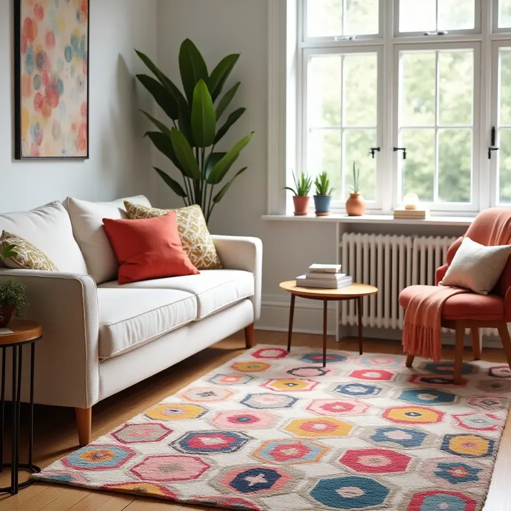 a photo of a colorful, geometric-patterned rug for a lively room