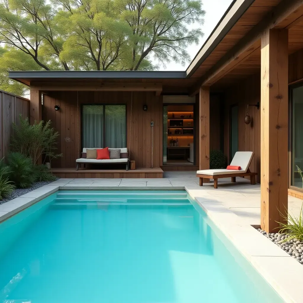 a photo of a charming pool area with reclaimed wood accents and a vintage swing