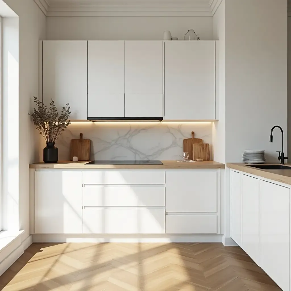 a photo of a bright kitchen with white cabinets and wooden accents