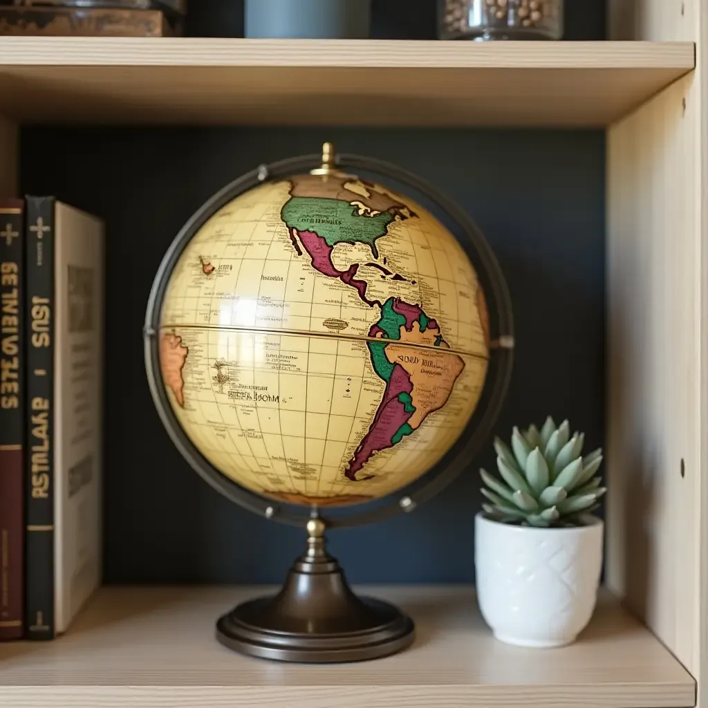 a photo of a vintage globe as a stylish accent piece on a shelf