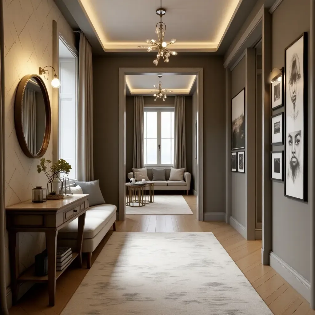 a photo of a stylish corridor with a combination of vintage and contemporary decor