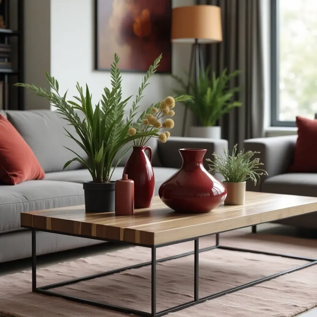 a photo of a stylish coffee table adorned with green plants and burgundy decor