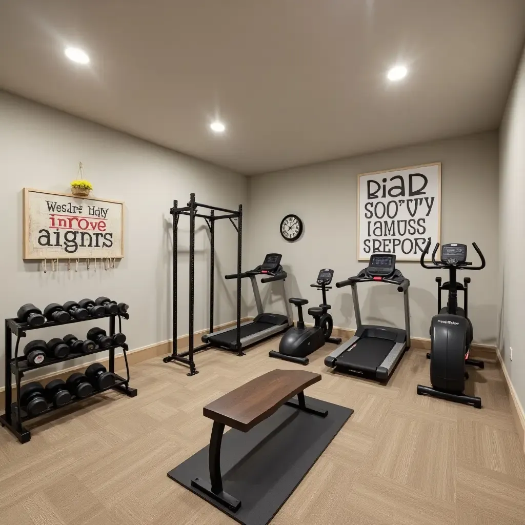 a photo of a basement workout area with farmhouse decor and motivational quotes