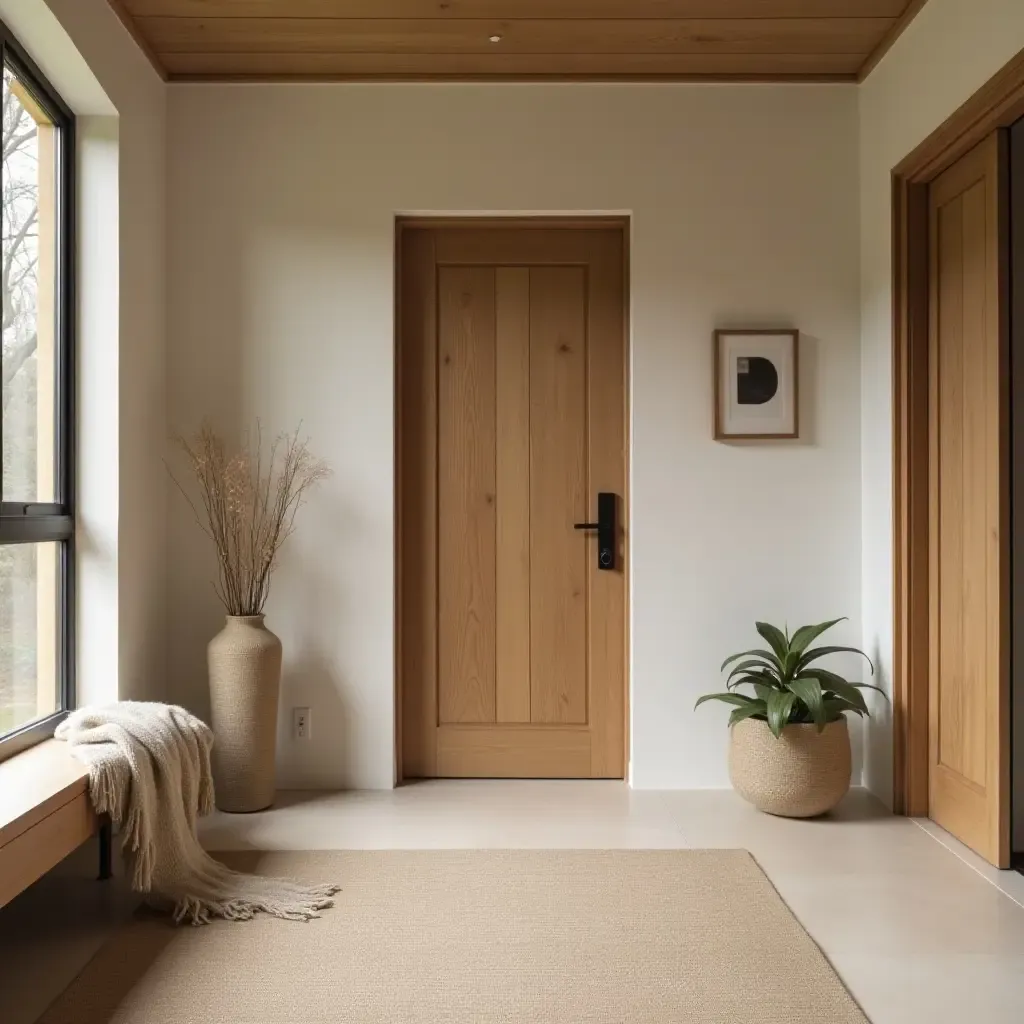 a photo of a serene entryway with natural materials and a light color palette