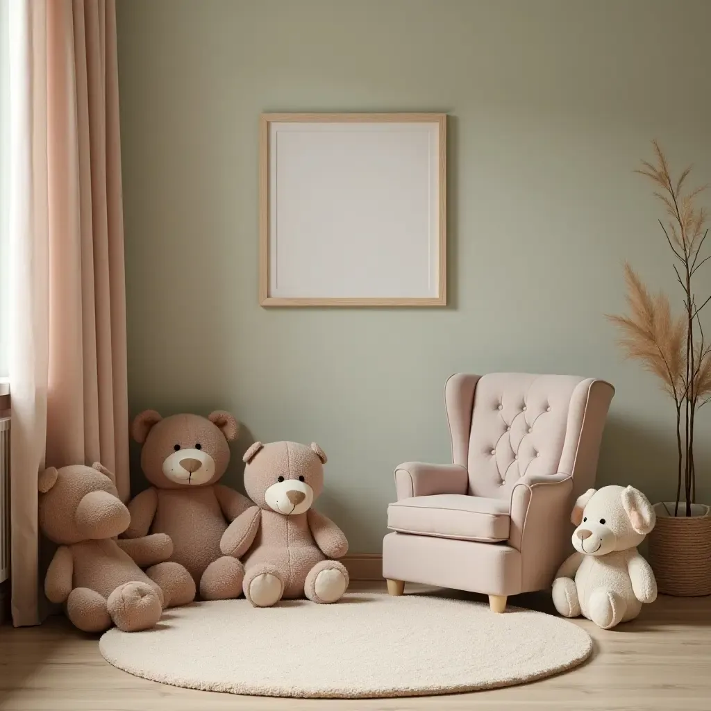 a photo of a vintage-inspired play area with soft toys