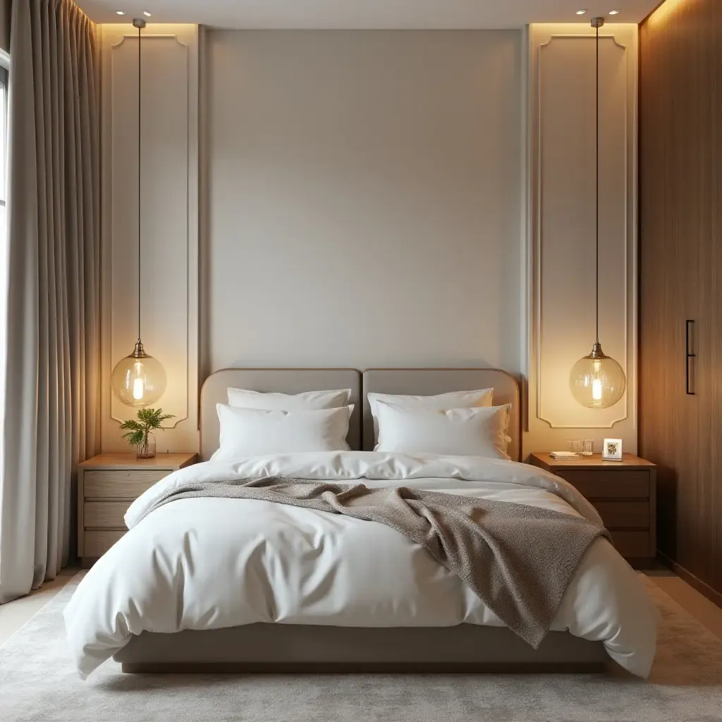 a photo of a serene bedroom with metallic accents in soft furnishings and lighting