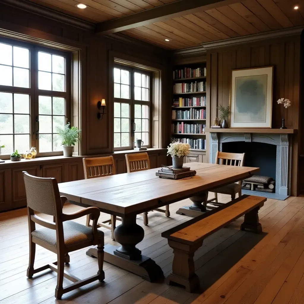 a photo of a farmhouse library with a large farmhouse table for reading and writing