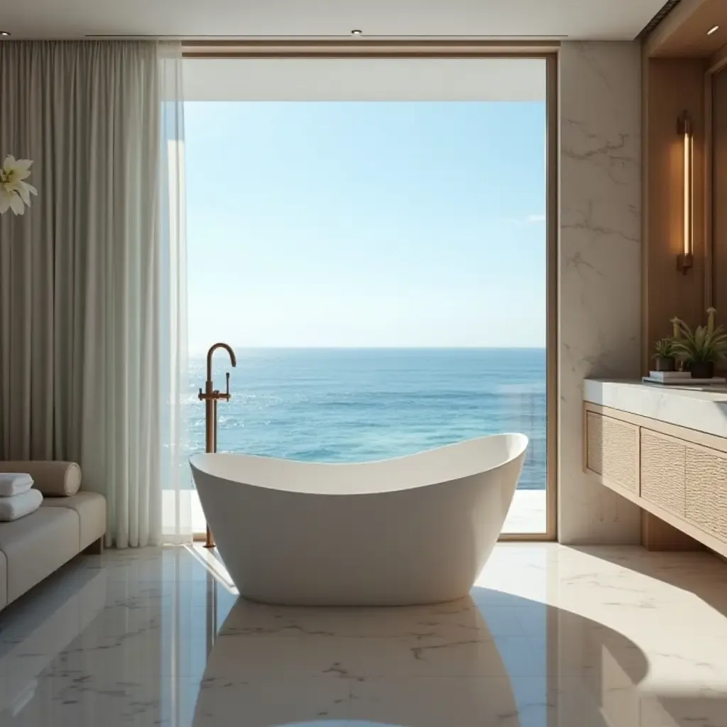 a photo of a luxurious bathroom with a freestanding tub and ocean views