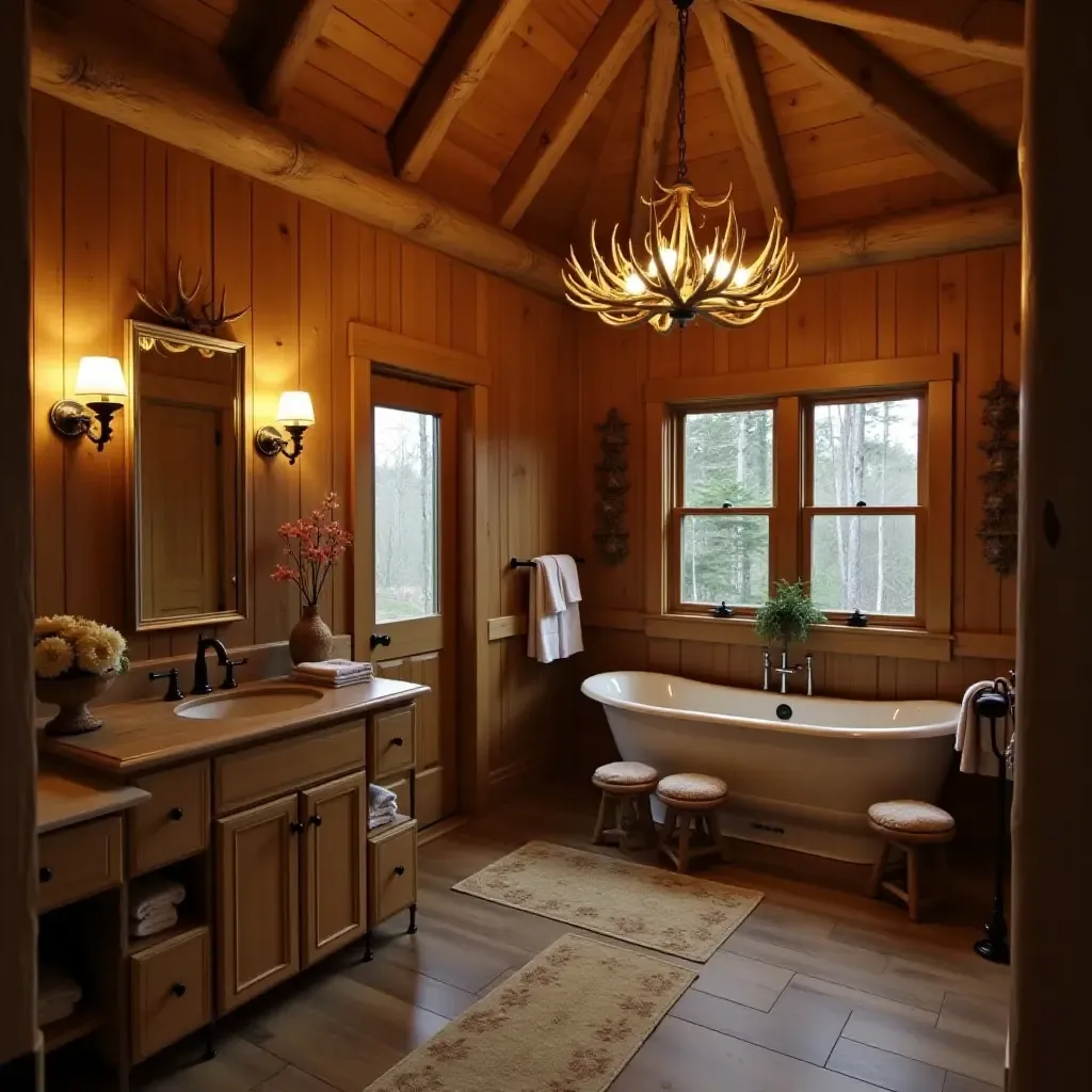 a photo of a rustic cabin bathroom with pendant lights made of antlers