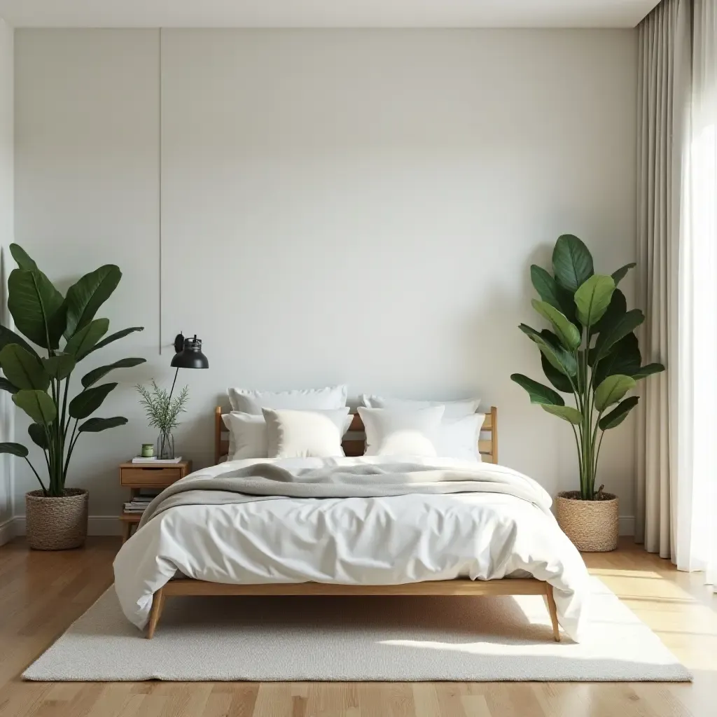 a photo of a modern bedroom with a clean aesthetic and green plants