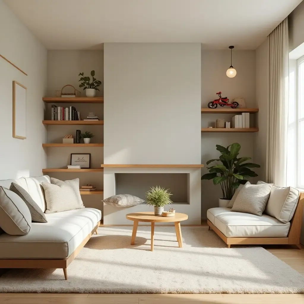 a photo of a family-friendly living room with play area and comfortable seating