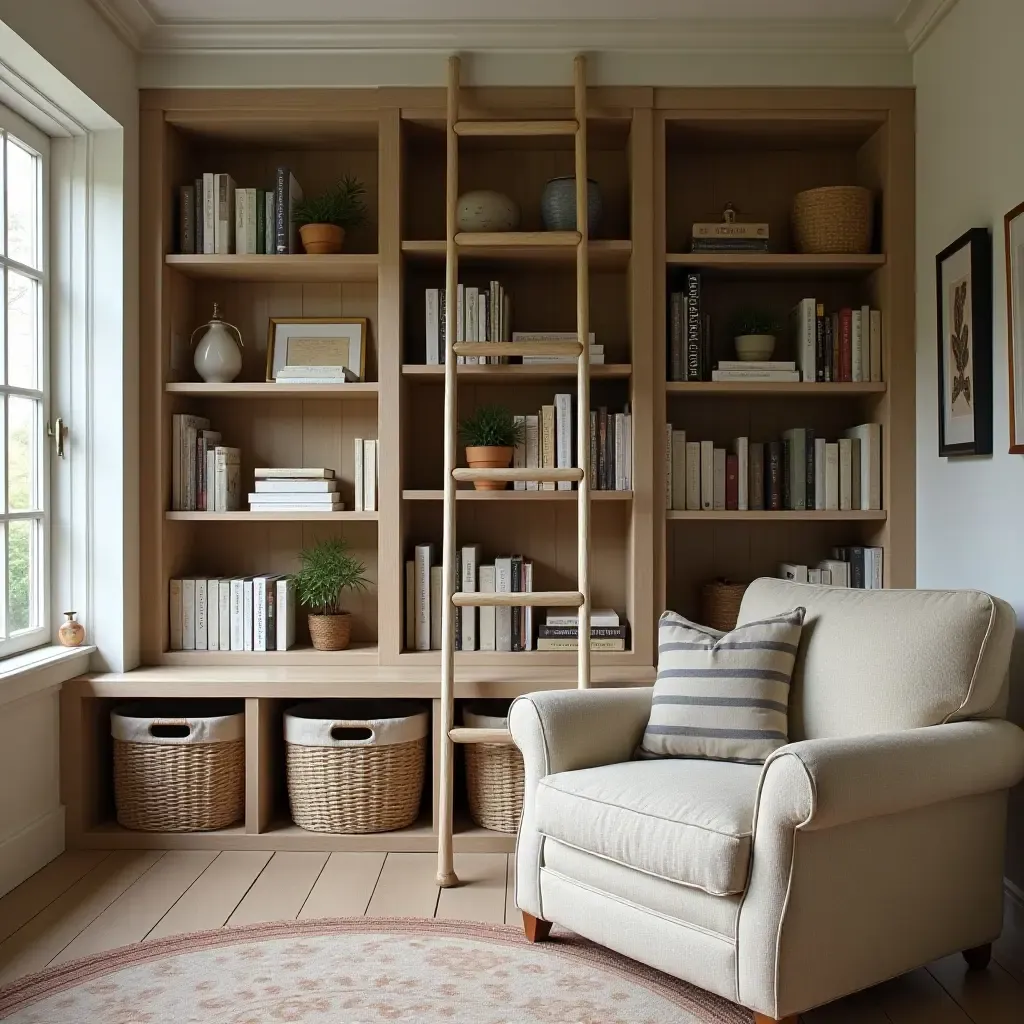 a photo of a cozy library with a decorative ladder and storage baskets