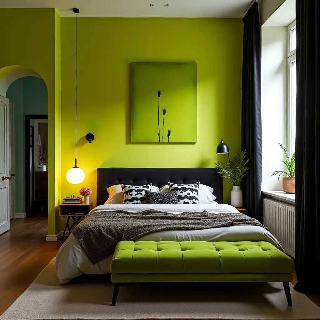 a photo of a funky lime green and black bedroom with eclectic pieces