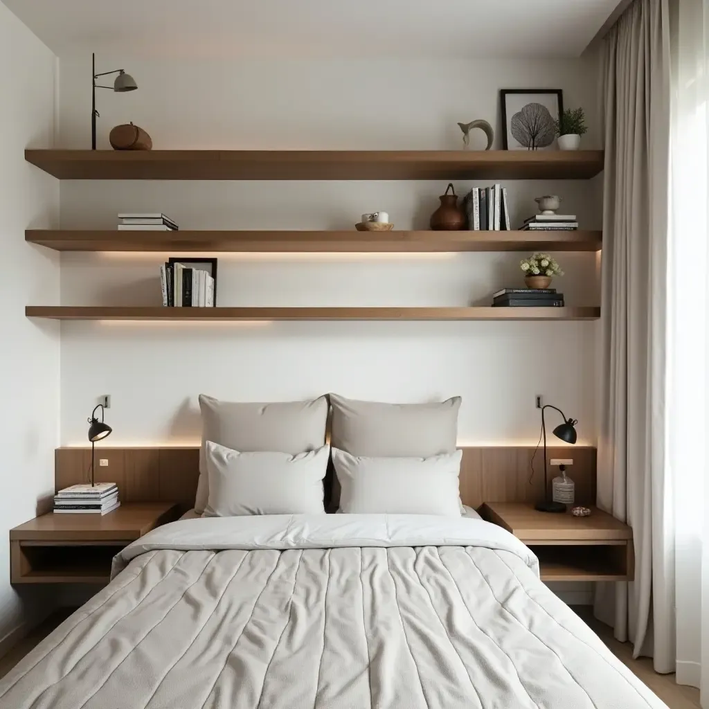 a photo of a small bedroom with wall-mounted shelves