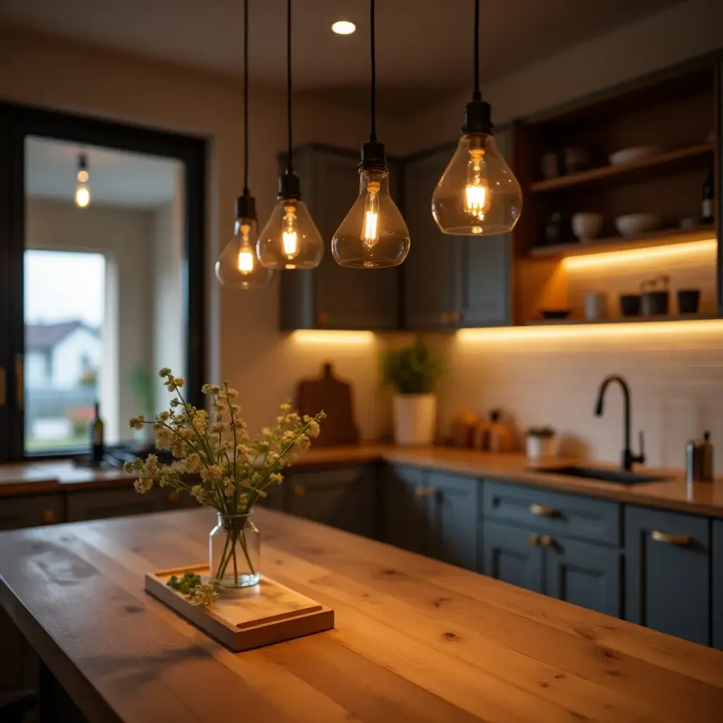 a photo of pendant lights with warm tones in a welcoming kitchen