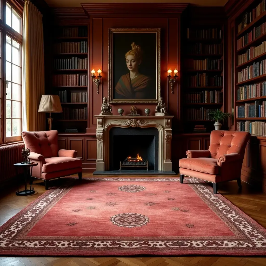 a photo of a luxurious silk rug in an elegant library setting