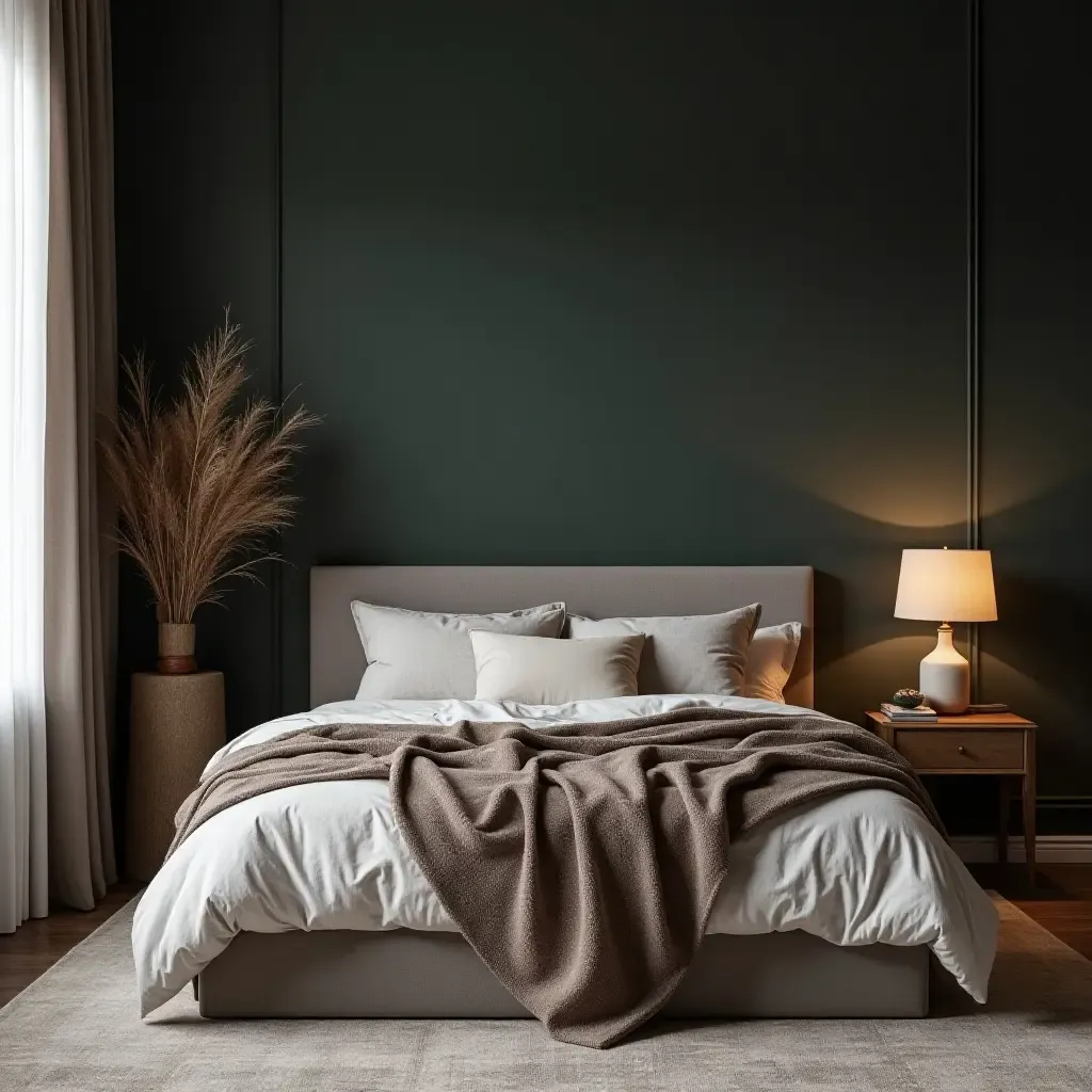 a photo of a chic bedroom with layered textiles and a dark color palette