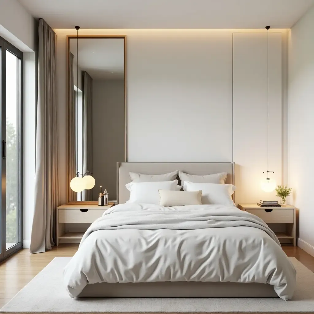 a photo of a modern minimalist teen bedroom with a large mirror and open layout