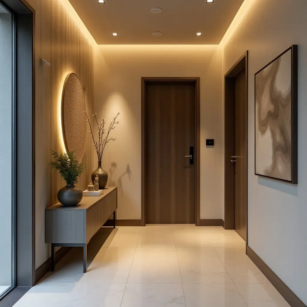 a photo of a modern entryway with artistic wall decor and unique lighting